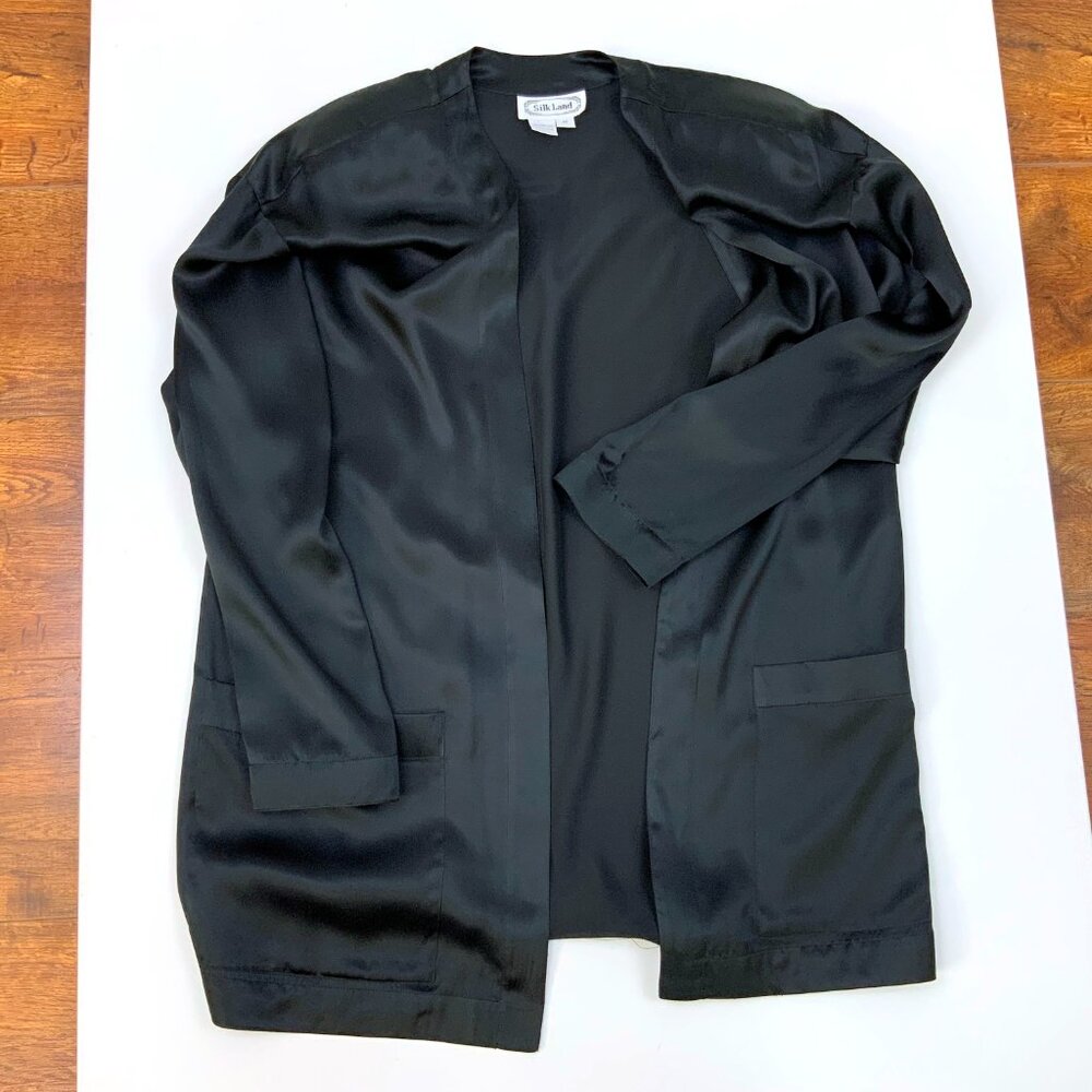 Black Satin Silk Open-Front Jacket Kimono-Style Robe Sz M - Picture 10 of 16